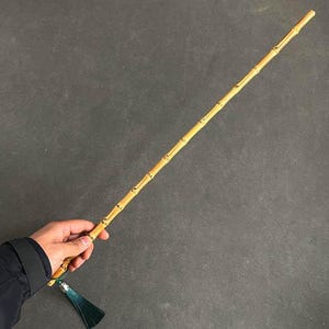 以下が含まれることがあります： 自然な仕上がりの、細長い竹の杖。 杖には、接合部に濃い緑色のアクセントと、基部に濃い緑色のタッセルが付いています。 杖は人の手に持たれています。