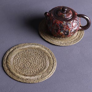 Handwoven Rush Grass Coaster Set, Natural Straw Tea Cup Mat, Japanese Rustic Home Decor