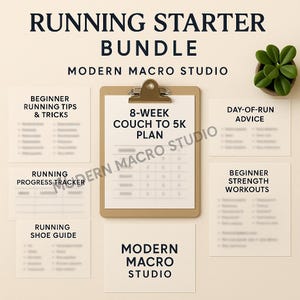 Puede incluir: Un paquete de inicio de carrera con el texto "RUNNING STARTER BUNDLE" y "MODERN MACRO STUDIO". Incluye un plan de 8 semanas de Couch to 5K, consejos para corredores principiantes, un rastreador de progreso de carrera, una guía de calzado para correr.