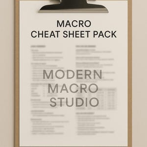 May include: A clipboard with a white sheet of paper featuring the text "MACRO CHEAT SHEET PACK" and "MODERN MACRO STUDIO" in black. The clipboard is tan with a silver clip at the top.