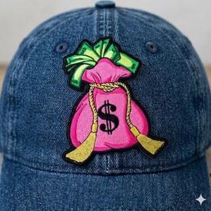 Pink Money Bag Embroidered Patch, Y2K Baddie Iron-On Applique, Cash Symbol Charm