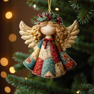 May include: A hanging angel ornament featuring blonde curly hair, a wreath of green leaves and red berries, and large textured wings. The angel wears a dress with a patchwork pattern in shades of red, blue, and cream, accented by a red bow.