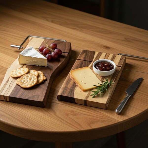 Handcrafted Wooden cheese Board w/ cutter and Free Personalization |  Walnut & Maple | Durable Everyday Board