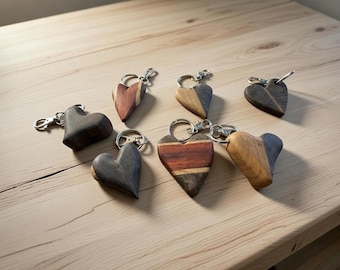 Handmade Wooden Heart Keychains - Rustic Wood Inlay Key Rings