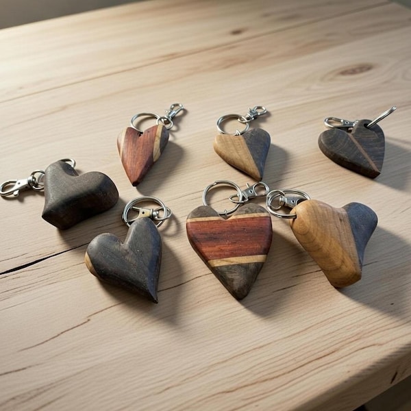 Handmade Wooden Heart Keychains - Rustic Wood Inlay Key Rings