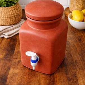 May include: A terracotta-colored water dispenser with a lid and a white and blue spigot. The dispenser is square-shaped with rounded edges. A small potted plant and a bowl of lemons are in the background.