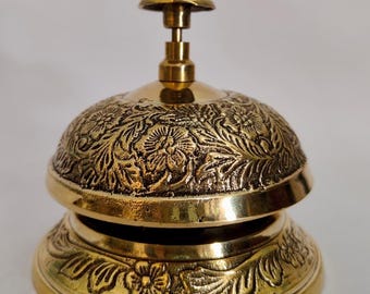 Antique Brass Engraved Service Bell, Vintage Floral Desk Counter Ring