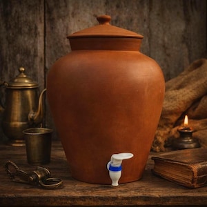 May include: A large, round, terracotta water dispenser with a matching lid. The vessel features a smooth, matte brown surface and is equipped with a white plastic spigot at the base, which includes a small blue ring detail for operation.