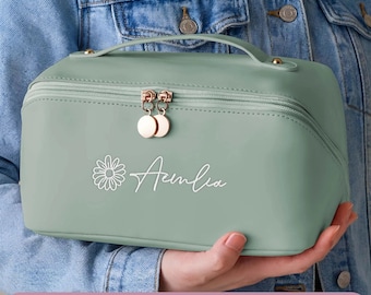 Personalized Gift for Her, Embroidered Leather Makeup Bag, Custom Name Toiletry Organizer, Travel Cosmetic Case with Handle [W]