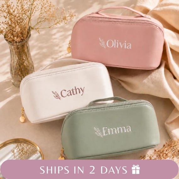 Bridesmaid Proposal Gift, Personalized Makeup Bag with Handle, Gift for Her, Custom Wedding Party Favors, Embroidered Makeup Organizer [W]