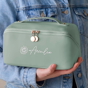 Embroidered Name Makeup Bag, Vegan Leather Custom Make Up Bag, Travel Toiletry Organizer Valentines Gifts for Her Women Bridesmaids