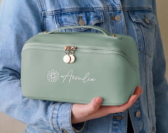 Embroidered Name Makeup Bag, Vegan Leather Custom Make Up Bag, Travel Toiletry Organizer Valentines Gifts for Her Women Bridesmaids