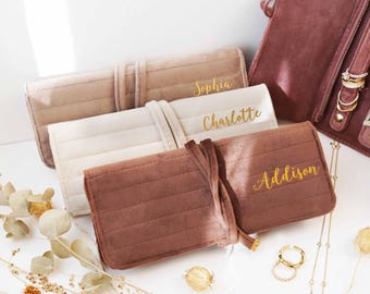 Velvet Personalized Travel Jewelry Roll, Compact Organizer Bridesmaid Gifts, Galentines Gifts for Her, Wedding Party Favors Bulk