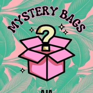 May include: A pink box with a yellow question mark, with the words "MYSTERY BAGS" in a retro font. The background has a tropical leaf pattern in green and pink. The AJA String and Designs logo is at the bottom of the image.