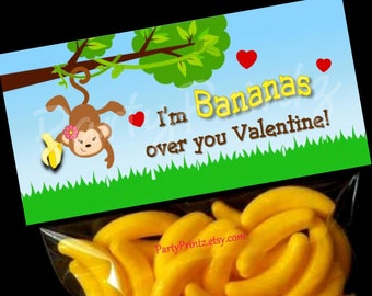 Valentine Printable Treat Bag Topper - INSTANT DOWNLOAD - Bananas over you  Valentine