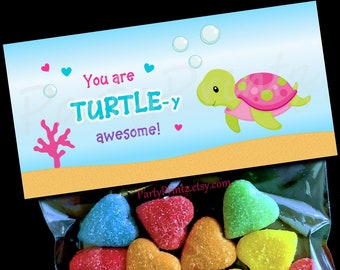 Valentine Printable Treat Bag Topper - INSTANT DOWNLOAD - Turtley Awesome - Turtle - Valentine's Day
