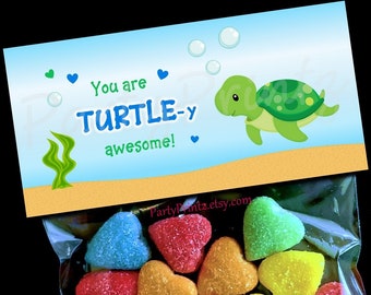 Valentine Printable Treat Bag Topper - INSTANT DOWNLOAD - Turtley Awesome - Turtle - Valentine's Day