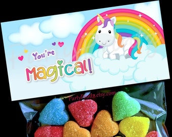 Valentine Printable Treat Bag Topper - INSTANT DOWNLOAD -  You're Magical - Unicorn - Valentine's Day
