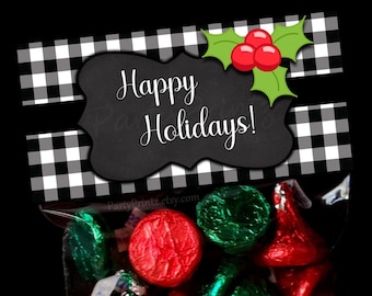 INSTANT DOWNLOAD - Happy Holidays - Black Plaid-Chalkboard - Christmas Treat Bag Toppers - Printable - pdf - jpg