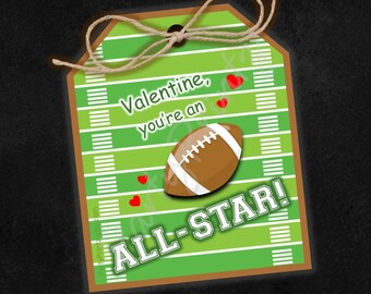 Valentine Printable Treat Bag Tag - INSTANT DOWNLOAD - All Star - Football - Valentine - pdf - jpg