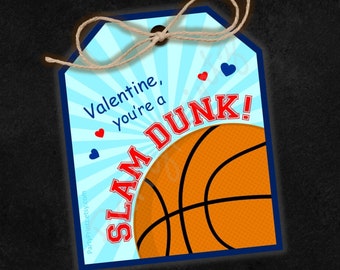 Valentine Printable Treat Bag Tags - INSTANT DOWNLOAD - Slam Dunk - Basketball Valentine - pdf - jpg