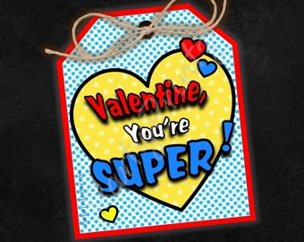 Valentine Printable Treat Bag Tag - INSTANT DOWNLOAD - Super - Comic Book - Valentine - pdf - jpg