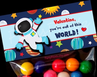 Valentine Printable Treat Bag Topper - INSTANT DOWNLOAD -  Outer Space Valentine's Day