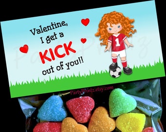 Valentine Printable Treat Bag Topper - INSTANT DOWNLOAD - Soccer Girl - Valentine's Day