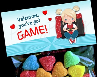 Valentine Printable Treat Bag Topper - INSTANT DOWNLOAD - Gamer Girl - Valentine's Day