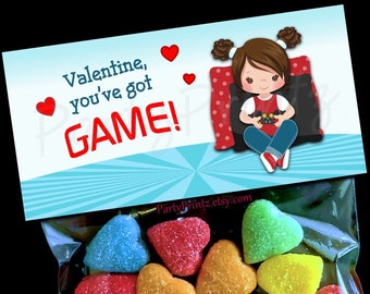 Valentine Printable Treat Bag Topper - INSTANT DOWNLOAD - Gamer Girl - Valentine's Day
