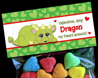 Valentine Printable Treat Bag Topper - INSTANT DOWNLOAD - Dragon - Valentine's Day