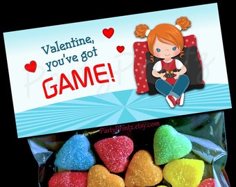 Valentine Printable Treat Bag Topper - INSTANT DOWNLOAD - Gamer Girl - Valentine's Day