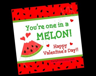 Valentine Printable Treat Bag Tag - INSTANT DOWNLOAD - You're one in a Melon - Valentine's Day