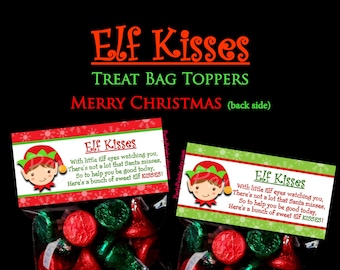 INSTANT DOWNLOAD - Elf Kisses - Treat Bag Toppers - Merry Christmas - Happy Holidays