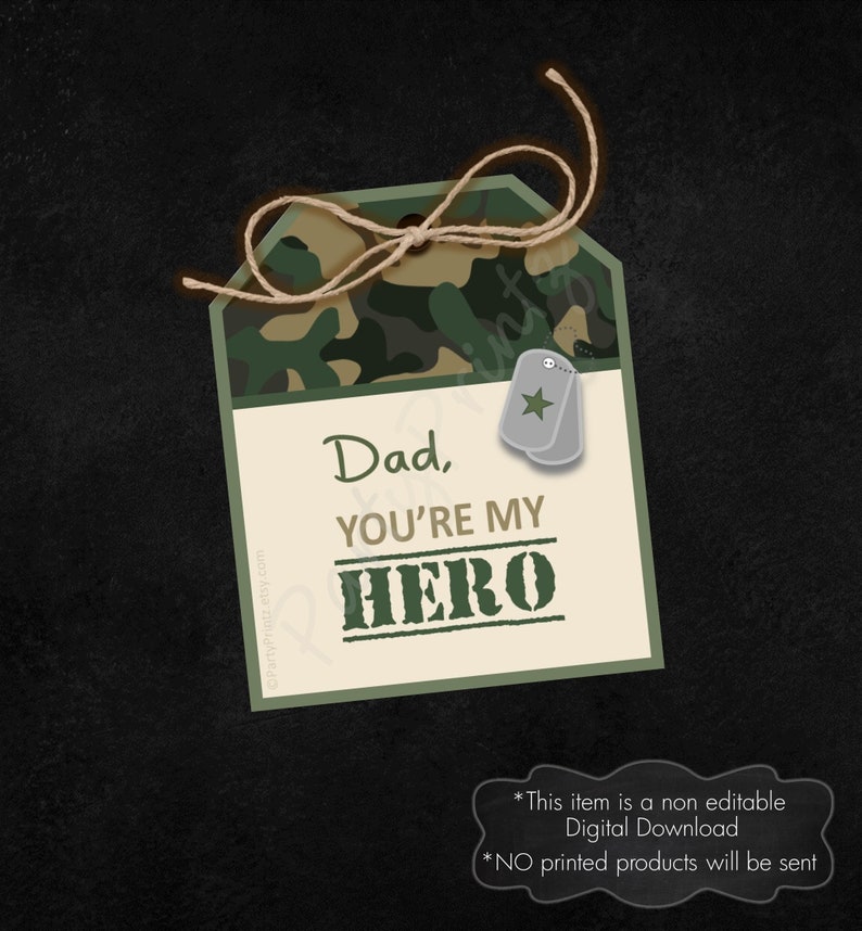 INSTANT DOWNLOAD Afdrukbaar Militaire held papa Vaderdag Tags pdf jpg afbeelding 1