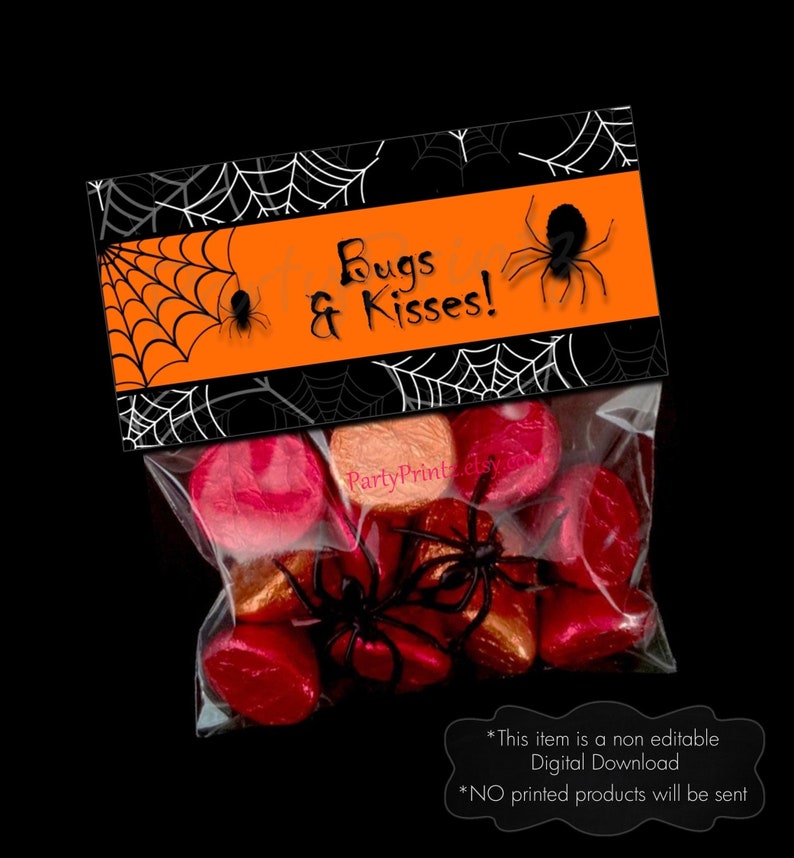 INSTANT DOWNLOAD Printable Bugs & Kisses Halloween Treat Bag Toppers pdf jpg image 1