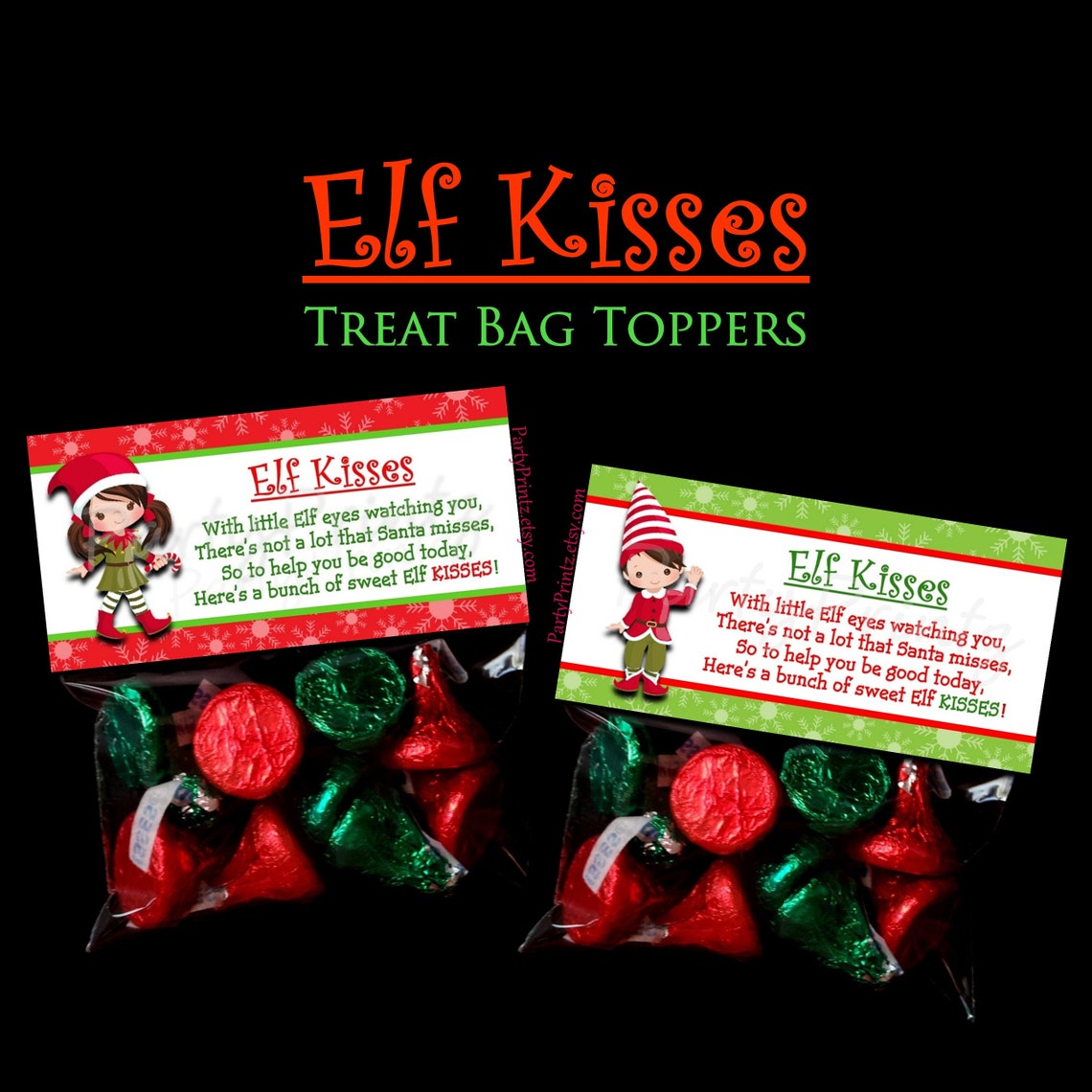INSTANT DOWNLOAD - Elf Kisses - Printable Treat Bag Toppers - Merry ...