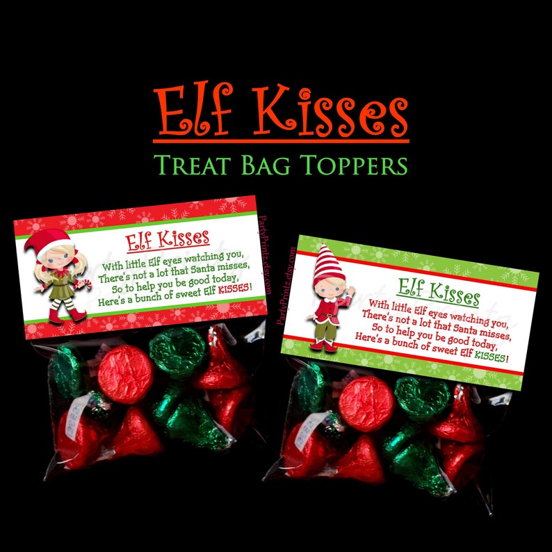 INSTANT DOWNLOAD Elf Kisses Printable Treat Bag Toppers Merry Christmas image 1