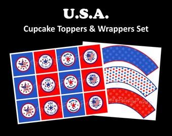 Instant Download - Printable - 4th of July - Team USA - Olympic Support - Cupcake Toppers & Wrappers Set