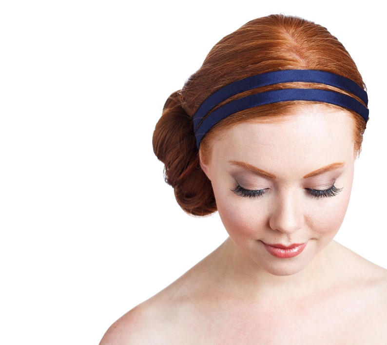 Double Headband, Hair Band For Women Navy Grosgrain