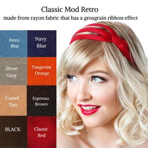 May include: A red headband with a grosgrain ribbon effect. The headband is made from rayon fabric and is available in a variety of colors, including classic red, navy blue, stone gray, tangerine orange, camel tan, espresso brown, and black.
