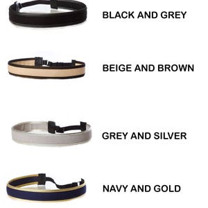 May include: Four different colour combinations of a headband with a black adjustable strap. The headbands are black and grey, beige and brown, grey and silver, and navy and gold.