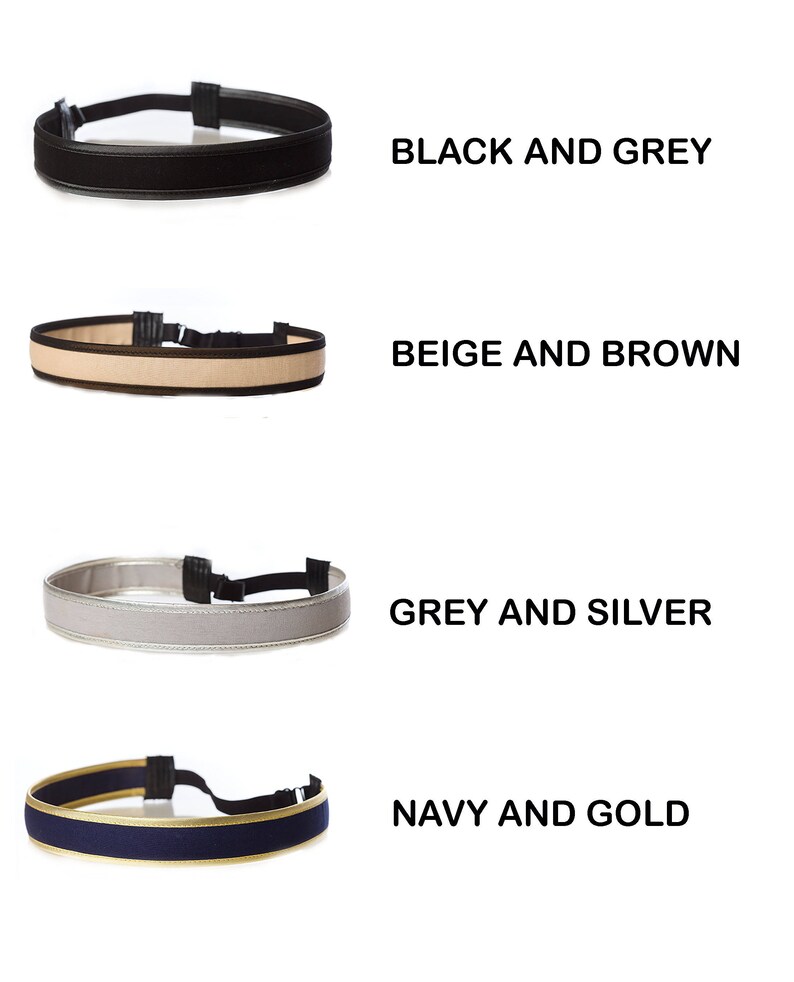 May include: Four different colour combinations of a headband with a black adjustable strap. The headbands are black and grey, beige and brown, grey and silver, and navy and gold.