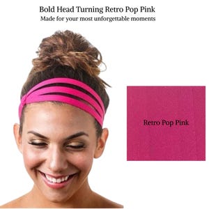 May include: A pink headband with three rows of fabric. The headband is made of a soft, stretchy material and is designed to be comfortable to wear. The headband is shown on a model with brown hair.