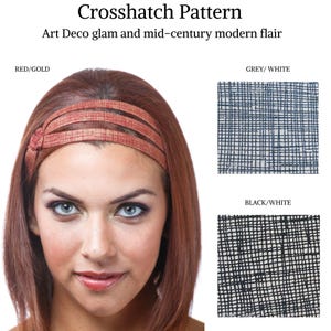 May include: A woman is wearing a headband with a red and gold crosshatch pattern. The headband is made of a soft, stretchy material and is perfect for adding a touch of style to any outfit. The headband is also available in other colors, including grey and white, and black and white.