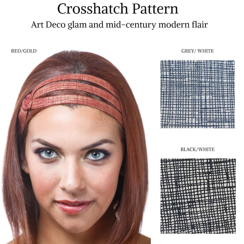 May include: A woman is wearing a headband with a red and gold crosshatch pattern. The headband is made of a soft, stretchy material and is perfect for adding a touch of style to any outfit. The headband is also available in other colors, including grey and white, and black and white.