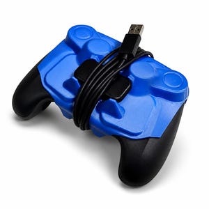May include: A blue and black video game controller featuring a molded plastic shell with ergonomic hand grips. A black USB cable is wrapped tightly around the center of the device, with the metal USB connector extending upward from the controller body.