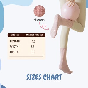 May include: Pink non-slip socks with silicone grips, shown with a pink exercise ball. The socks are ribbed at the ankle and have a size chart showing a length of 11.5 inches, a width of 3.5 inches, and a height of 0.3 inches. The text "silicone" is also visible.