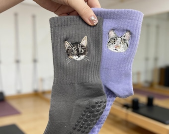 Custom Crew Non-Slip Grip Yoga Socks, Personalized Embroidered Pet Face Socks, Dog or Cat Face Pilates Socks, Gift for Pilates and Pet lover