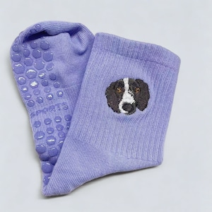 May include: A pair of lavender socks with a dog face embroidered on one sock. The other sock has non-slip grips and the word "SPORTS" printed on the sole. The dog's face is black, white, and brown.